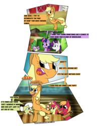 Size: 786x1016 | Tagged: safe, artist:sneshpone, apple bloom, applejack, big macintosh, granny smith, rarity, spike, twilight sparkle, dragon, pony, applejack's "day" off, g4, balancing, chicken dance, comic, food, implied applejack's parents, pie, ponies balancing stuff on their nose, silly, silly pony, simple background, transparent background, wat, who's a silly pony