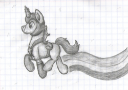 Size: 1277x905 | Tagged: safe, artist:littletigressda, pony, unicorn, graph paper, helmet, lined paper, monochrome, pencil drawing, simple background, solo, space unicorn, traditional art