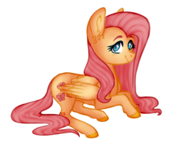 Size: 919x759 | Tagged: safe, artist:ghostycactus, fluttershy, pegasus, pony, g4, eyebrows, female, looking at you, looking sideways, prone, simple background, smiling, solo, transparent background, wings