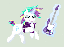 Size: 5016x3680 | Tagged: safe, artist:tanta26, rarity, pony, g4, alternate hairstyle, clothes, female, fender precision bass, guitar, guitarity, jacket, mare, musical instrument, punk, raripunk, smiling, solo