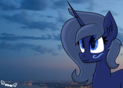 Size: 1024x732 | Tagged: safe, artist:kiwipone, oc, oc only, oc:midnight music, pony, unicorn, city, cityscape, cute, drawn with mouse, female, gift art, gift for friend, mare, signature