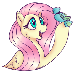 Size: 1000x1000 | Tagged: safe, artist:rhythmcrown, fluttershy, bird, pegasus, pony, g4, amazed, bust, female, hoof hold, looking at something, looking up, open mouth, portrait, simple background, smiling, solo, transparent background, wings