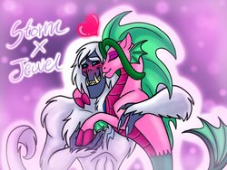 Size: 1024x768 | Tagged: safe, artist:melspyrose, storm king, oc, siren, g4, my little pony: the movie, black sclera, blushing, canon x oc, cheek kiss, cloven hooves, fangs, gradient background, grin, heart, holding hands, holding hooves, hug, kissing, lidded eyes, missing accessory, shipping, smiling