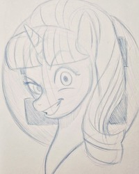 Size: 1280x1600 | Tagged: safe, artist:theboxduchess, starlight glimmer, pony, unicorn, g4, equal cutie mark, evil smile, female, grin, looking at you, mare, monochrome, sketch, smiling, solo, traditional art