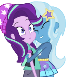 Size: 1181x1181 | Tagged: safe, artist:katevelasco, starlight glimmer, trixie, equestria girls, g4, beanie, clothes, duo, eyes closed, female, hat, hug, simple background, transparent background