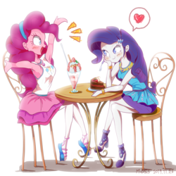 Size: 1400x1400 | Tagged: safe, artist:fromamida, pinkie pie, rarity, equestria girls, equestria girls series, g4, armpits, blushing, cake, chocolate cake, clothes, duo, eyes on the prize, female, food, geode of shielding, geode of sugar bombs, heart, high heels, ice cream, lesbian, looking at each other, magical geodes, open mouth, pantyhose, parfait, pictogram, rah rah skirt, rarity peplum dress, ship:raripie, shipping, shoes, skirt, smiling