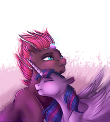 Size: 1724x1912 | Tagged: safe, artist:she-nightmare, fizzlepop berrytwist, tempest shadow, twilight sparkle, alicorn, pony, unicorn, g4, my little pony: the movie, blushing, broken horn, eyes closed, female, horn, lesbian, mare, ship:tempestlight, shipping, simple background, transparent background, twilight sparkle (alicorn)