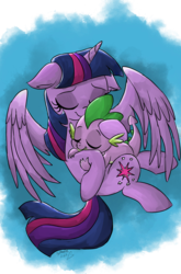 Size: 800x1214 | Tagged: safe, artist:emositecc, spike, twilight sparkle, alicorn, dragon, pony, g4, baby, baby dragon, blue background, cuddling, cute, cutie mark, eyes closed, female, male, mama twilight, mare, signature, simple background, sleeping, smiling, spikabetes, spikelove, spread wings, twiabetes, twilight sparkle (alicorn), wings