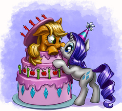 Size: 1600x1459 | Tagged: safe, artist:harwick, applejack, rarity, earth pony, pony, unicorn, bipedal, bipedal leaning, cake, cute, eye contact, female, floppy ears, food, happy birthday, hat, leaning, lesbian, looking at each other, mare, nose wrinkle, party hat, popping out of a cake, rarijack, shipping, smiling, underhoof