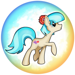 Size: 2539x2539 | Tagged: safe, artist:flamevulture17, coco pommel, earth pony, pony, g4, circle, female, flower, flower in hair, high res, looking at something, looking away, looking up, mare, orb, profile, raised hoof, raised leg, reaching, solo, standing