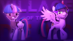 Size: 1920x1080 | Tagged: safe, artist:herostrain, twilight sparkle, alicorn, pony, g4, 3d, colored horn, corrupted, corrupted twilight sparkle, curved horn, dark, dark magic, evil twilight, female, glowing horn, horn, magic, possessed, purple background, simple background, solo, sombra eyes, sombra horn, source filmmaker, twilight sparkle (alicorn), two sides