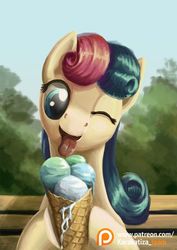 Size: 636x900 | Tagged: safe, artist:kirillk, bon bon, sweetie drops, earth pony, pony, g4, adorabon, bust, cute, eating, female, food, ice cream, licking, mare, one eye closed, patreon, patreon logo, portrait, smiling, solo, tongue out, wink