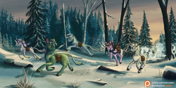 Size: 1800x900 | Tagged: safe, artist:kirillk, oc, oc only, classical unicorn, original species, pony, unicorn, backpack, cloven hooves, commission, horn, leonine tail, patreon, patreon logo, running, saddle bag, scenery, snow, unshorn fetlocks, winter