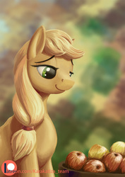 Size: 636x900 | Tagged: safe, artist:kirillk, applejack, earth pony, pony, g4, apple, female, food, mare, missing accessory, patreon, patreon logo, sitting, solo