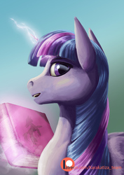 Size: 636x900 | Tagged: safe, artist:kirillk, twilight sparkle, alicorn, pony, g4, book, bust, female, levitation, magic, mare, patreon, patreon logo, portrait, solo, telekinesis, twilight sparkle (alicorn)