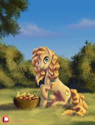 Size: 689x900 | Tagged: safe, artist:kirillk, pear butter, earth pony, pony, g4, female, food, mare, patreon, patreon logo, pear, raised hoof, scenery, sitting, smiling, solo
