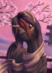 Size: 1240x1754 | Tagged: safe, artist:kirillk, oc, oc only, pony, bust, clothes, commission, portrait, scarf, solo, tree