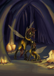 Size: 1748x2480 | Tagged: safe, artist:kirillk, changeling, cave, changeling egg, commission, duo, egg, yellow changeling