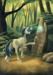 Size: 2480x3508 | Tagged: safe, artist:kirillk, oc, oc only, pony, unicorn, commission, forest, high res, not shining armor, rune stone, runes, solo