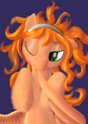 Size: 2893x4092 | Tagged: safe, artist:kirillk, oc, oc only, pegasus, pony, cute, fluffy, hairband, leg fluff, looking at you, messy mane, one eye closed, solo, wink
