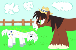 Size: 1465x965 | Tagged: safe, artist:aleksythepony, double diamond, trouble shoes, g4, double trouble duo, eating, grass, grazing, hat, hay, herbivore, horses doing horse things