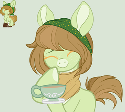 Size: 1896x1696 | Tagged: safe, artist:k-indle, oc, oc only, oc:honey dew, earth pony, pony, base used, female, food, mare, solo, tea
