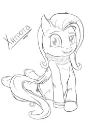 Size: 1440x2160 | Tagged: safe, artist:madgehog, fluttershy, pegasus, pony, g4, blushing, clothes, cute, cyrillic, dressup, female, lineart, lip bite, looking at you, monochrome, russian, smiling, solo, sweater, sweatershy, tail, teeth, turtleneck, underhoof, wings