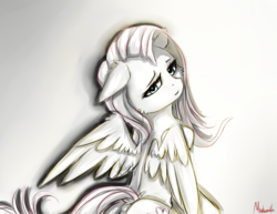 Size: 1400x1080 | Tagged: safe, artist:miokomata, fluttershy, pegasus, pony, g4, female, lidded eyes, looking at you, looking back, looking back at you, sketch, solo, wings