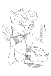 Size: 4000x6000 | Tagged: safe, artist:madgehog, scootaloo, pegasus, pony, g4, belly, belly button, blushing, chest fluff, clothes, cute, dressup, female, filly, lineart, lip bite, looking at you, mare, monochrome, russian, scarf, solo, spread wings, teeth, wingboner, wings