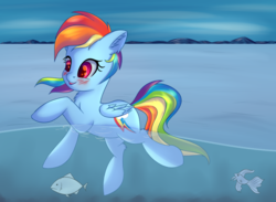 Size: 988x722 | Tagged: safe, artist:brok-enwings, rainbow dash, fish, pegasus, pony, g4, cute, dashabetes, female, mountain, sky, solo, swimming, water