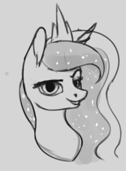 Size: 523x707 | Tagged: safe, artist:drafthoof, princess luna, alicorn, pony, g4, bust, ear fluff, female, gray background, mare, portrait, raised eyebrow, simple background, smiling, solo