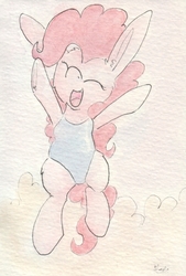 Size: 692x1023 | Tagged: safe, artist:slightlyshade, pinkie pie, earth pony, pony, g4, clothes, female, happy, one-piece swimsuit, solo, swimsuit, traditional art