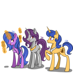 Size: 2000x2000 | Tagged: safe, artist:chelseawest, oc, oc only, oc:anastasia bee, oc:keres bee, oc:persephone bee, pony, unicorn, fangs, female, high res, magic, mare, mirror, simple background, transparent background, triplets