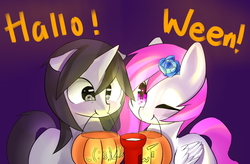 Size: 1200x786 | Tagged: safe, artist:leafywind, oc, oc only, pegasus, pony, unicorn, duo, female, halloween, holiday, mare, mouth hold