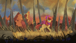Size: 1920x1080 | Tagged: dead source, safe, artist:hierozaki, apple bloom, earth pony, pony, g4, bow, clothes, cutie mark, featured image, female, filly, forest, hair bow, profile, scarf, smiling, solo, the cmc's cutie marks, tree, wallpaper