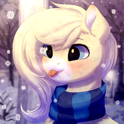 Size: 1024x1024 | Tagged: safe, artist:peachmayflower, oc, oc only, pony, bust, clothes, cute, female, mare, portrait, scarf, snow, snowfall, solo, tongue out, winter