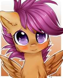 Size: 1300x1600 | Tagged: safe, artist:wolfchen999, scootaloo, pegasus, pony, g4, blushing, bust, cheek fluff, chest fluff, cute, cutealoo, ear fluff, female, filly, gradient background, looking at you, neck fluff, smiling, solo, spread wings, wings