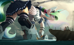 Size: 3000x1838 | Tagged: safe, artist:ncmares, princess celestia, roseluck, alicorn, boatpony, pony, beautiful, boat, boots, clothed ponies, clothes, cutie mark, dock, ethereal mane, female, firing, flowing mane, giant pony, giantlestia, hat, kantai collection, macro, mare, mega celestia, multicolored mane, multicolored tail, perspective, pleated skirt, purple eyes, royalty, ship, shipmare, shoes, skirt, skirt lift, socks, solo focus, sparkles, thigh highs, thighs, water, wings, zettai ryouiki
