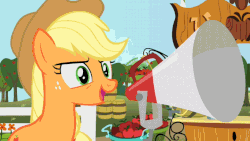Size: 720x405 | Tagged: safe, edit, edited screencap, screencap, applejack, g4, season 2, the super speedy cider squeezy 6000, animated, anti-bronybait, apple, apple tree, applejack's hat, braid, brutal honesty, cowboy hat, female, funny, funny as hell, gif, hat, love, megaphone, mouthpiece, sweet apple acres, tree, waifu, your waifu is shit, your waifu is trash, your waifu will never love you