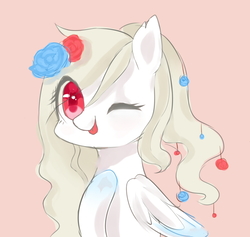 Size: 885x840 | Tagged: safe, artist:leafywind, oc, oc only, pegasus, pony, female, flower, flower in hair, mare, one eye closed, rose, simple background, solo, tongue out, wink