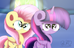 Size: 3974x2614 | Tagged: safe, artist:bronybehindthedoor, fluttershy, twilight sparkle, alicorn, pony, flutter brutter, g4, my little pony: friendship is magic, butt, high res, looking back, plot, scene interpretation, twilight sparkle (alicorn)