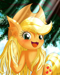 Size: 1200x1500 | Tagged: safe, artist:phoenixperegrine, applejack, earth pony, pony, semi-anthro, g4, blushing, cowboy hat, cute, ear fluff, female, hat, jackabetes, looking at you, loose hair, smiling, solo, stetson, tree