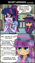 Size: 673x1200 | Tagged: safe, artist:uotapo, ginger owlseye, sci-twi, twilight sparkle, equestria girls, g4, my little pony equestria girls: better together, 2 panel comic, background human, blushing, clothes, comic, cute, fedora, geode of telekinesis, hat, implied lesbian, jacket, magical geodes, misunderstanding, necktie, no nose, owlabetes, stare, twiseye