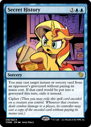 Size: 375x523 | Tagged: safe, artist:andy price, idw, sunset shimmer, pony, unicorn, g4, spoiler:comic, spoiler:comicannual2013, book, library, magic the gathering, trading card, trading card edit