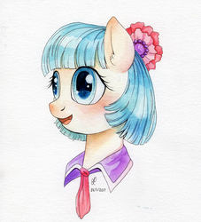 Size: 1300x1430 | Tagged: safe, artist:divlight, coco pommel, earth pony, pony, g4, blushing, bust, female, portrait, solo, traditional art, watercolor painting