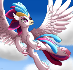 Size: 3750x3620 | Tagged: safe, artist:orangejuicerus, queen novo, classical hippogriff, hippogriff, g4, my little pony: the movie, cloud, female, flying, high res, sky, solo