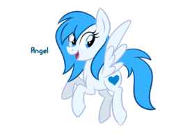 Size: 900x720 | Tagged: dead source, safe, artist:wubcakeva, oc, oc only, oc:angel, pegasus, pony, female, flying, mare, open mouth, simple background, smiling, solo, spread wings, transparent background, wings