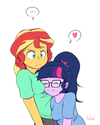Size: 1140x1425 | Tagged: safe, artist:0ndshok, sci-twi, sunset shimmer, twilight sparkle, equestria girls, g4, ..., blushing, breast pillow, breasts, busty sunset shimmer, clothes, cute, duo, female, glasses, heart, lesbian, pictogram, ship:sci-twishimmer, ship:sunsetsparkle, shipping, simple background, spoken heart, twiabetes, white background