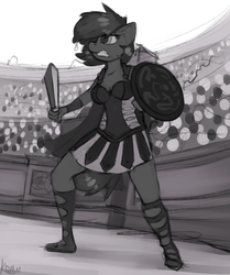 Size: 1082x1296 | Tagged: safe, artist:marsminer, oc, oc only, oc:venus spring, anthro, plantigrade anthro, armor, armor skirt, boots, clothes, female, gladiator, gladiatrix, missing braces, shield, shoes, skirt, solo, sword, weapon