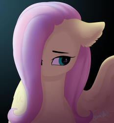 Size: 1155x1238 | Tagged: safe, artist:bastet-catmew, fluttershy, pegasus, pony, g4, bust, female, floppy ears, hair over one eye, looking away, looking sideways, one wing out, portrait, solo